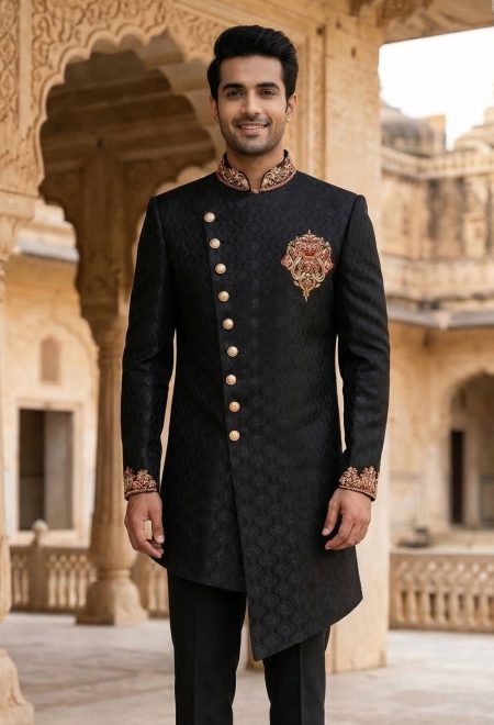 Black Side Cut Self Textured Sherwani