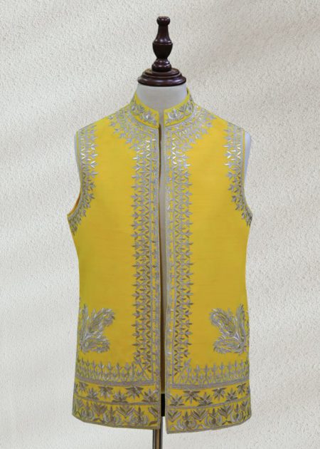 Yellow Waistcoat With Golden Embroidery Firozi Waistcoat With Gold Embroidery