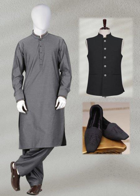 Charcoal Kurta Shalwar with Black Waistcoat - Eid Package