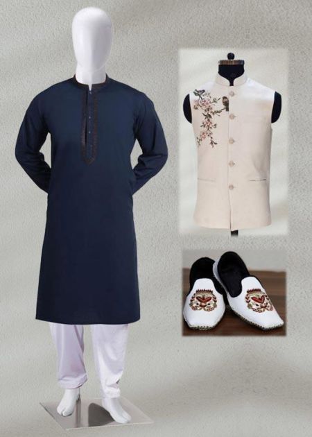 Blue Kurta & Shalwar with Waistcoat & Khussa - Eid Package