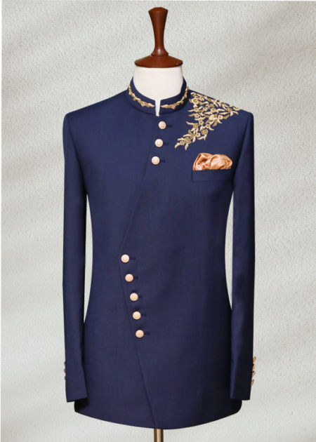 Navy Blue prince suit with Golden Embellishment Angle Cut Black Prince Suit