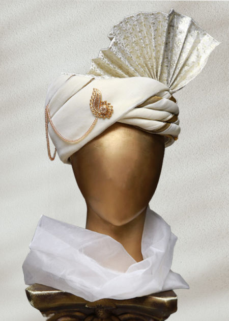 Off White Turban for Dulha Angle Cut Black Prince Suit