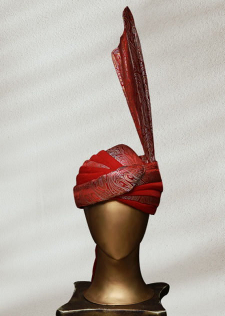 Red Turban for Groom Angle Cut Black Prince Suit