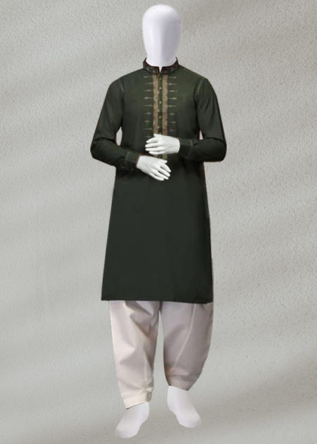 Mehndi Kurta & Off White Shalwar Skin Color Kurta & Pajama