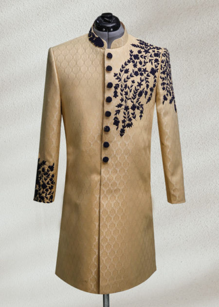 Golden Sherwani with Black Embroidery Angle Cut Black Prince Suit