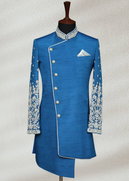 Blue Wedding Sherwani with Silver Work Angle Cut Black Prince Suit