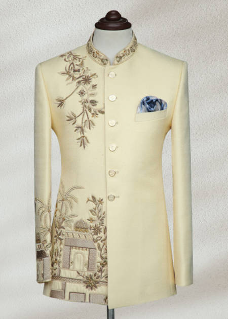 Off White Embroidered Prince Suit for Men Angle Cut Black Prince Suit