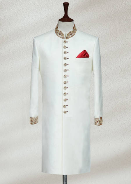 White Groom Sherwani with Golden Embroidery