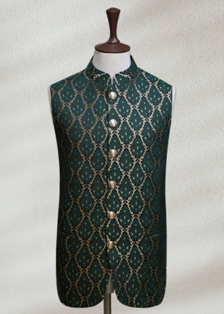 Green Waistcoat Angle Cut Black Prince Suit