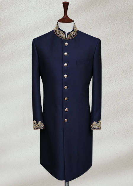 Traditional Blue Wedding Sherwani with Golden Work Angle Cut Black Prince Suit