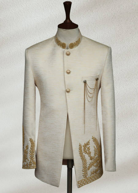 Off White Embroidered Prince Suit for Groom Angle Cut Black Prince Suit