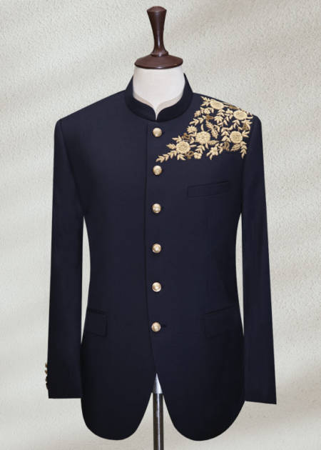 Blue Prince Suit for Groom Angle Cut Black Prince Suit