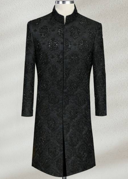 Traditional Embroidered Black Sherwani Angle Cut Black Prince Suit
