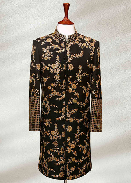 Black Sherwani with Golden Embroidery for Groom