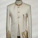 Waleed Ershad - White and Golden Embroidered Prince Suit Dark Blue Wedding Sherwani with Golden Work