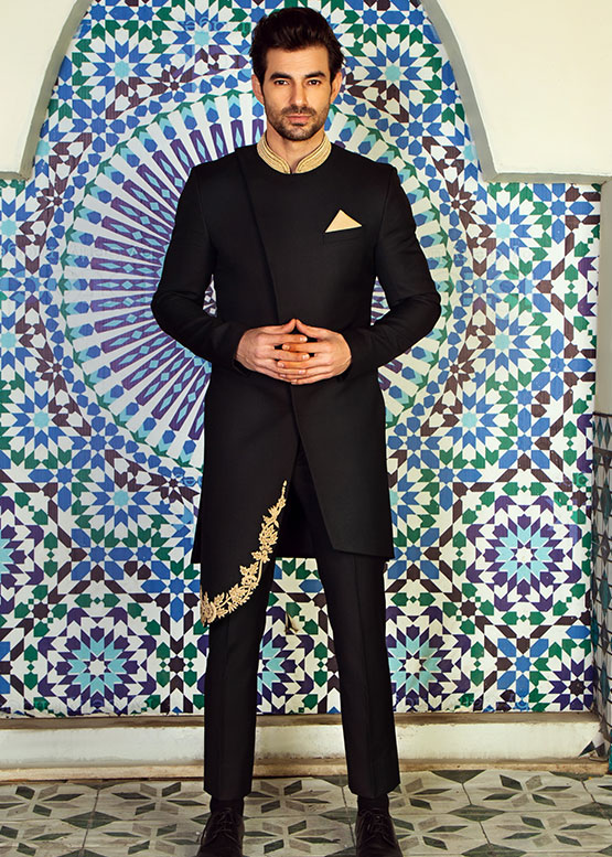 Black and Gold Work Side Cut Sherwani