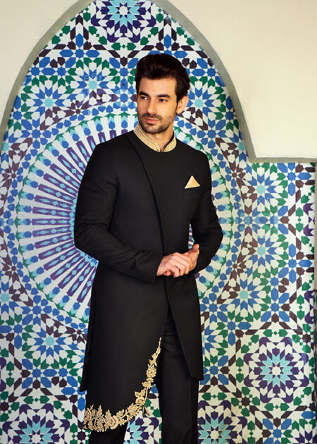 Black and Gold Work Side Cut Sherwani