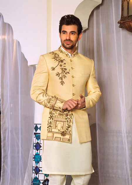Off-White Traditional Embroidered Prince Suit Ivory Gold side Cut Sherwani