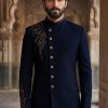 Side Cut Navy Blue Prince Suit White and Golden Embroidered Prince Suit