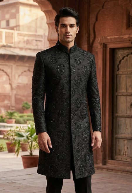 Traditional Black Embroidered Sherwani