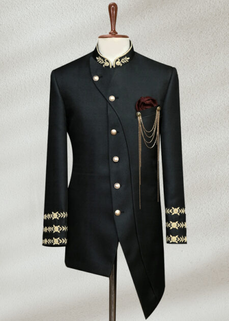 Angle Cut Black Prince Suit Ivory Gold side Cut Sherwani