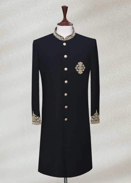 Black Sherwani with Embroidery for Groom Angle Cut Black Sherwani For Groom