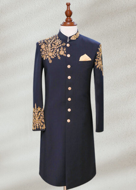 Blue Sherwani for Wedding Blue Wedding Sherwani With Threads Embroidery