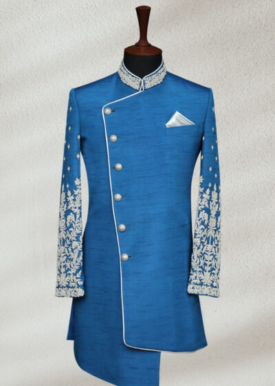 Buy Blue Wedding Sherwani with Silver Work - Shameel khan