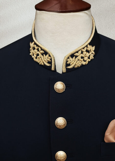 Solid Navy Blue Wedding Sherwani with Golden Work Solid Navy Blue Sherwani