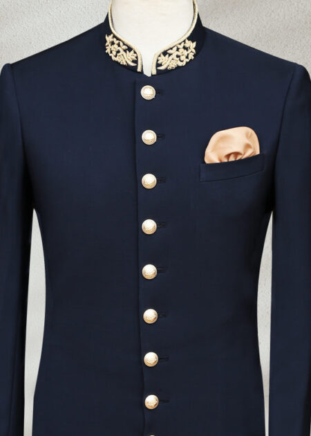 Solid Navy Blue Wedding Sherwani with Golden Work Solid Navy Blue Sherwani