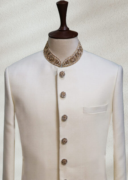 Off White Sherwani with Golden Embroidery Collar Off White Sherwani