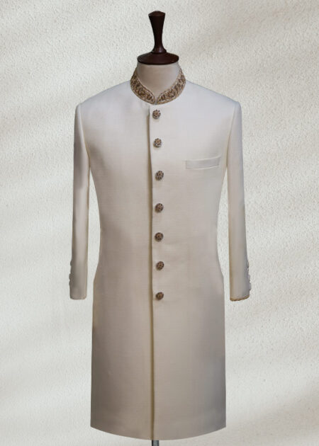 Off-White Sherwani with Golden Embroidery Collar Plain White Prince Coat