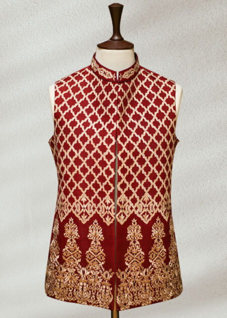 Red Waistcoat with Golden Embroidery Ivory Gold side Cut Sherwani