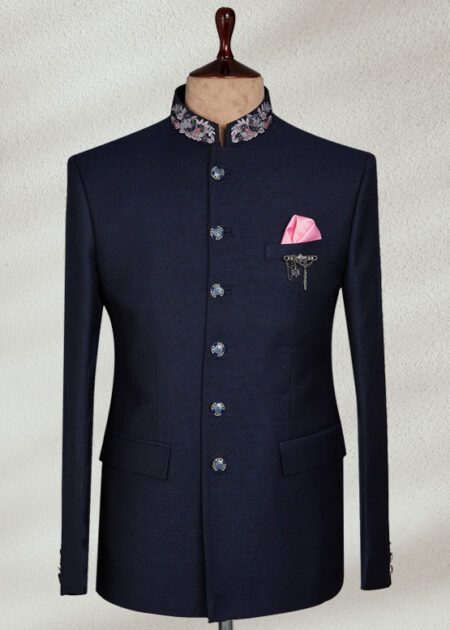 Dark Blue Embroidered Prince Coat White Embroidered Sherwani For Groom