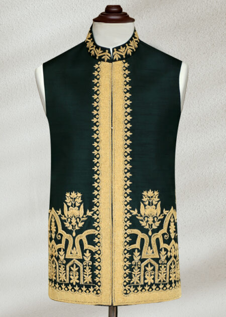 Green Waistcoat with Golden Embroidery Off white Embroidered Waistcoat
