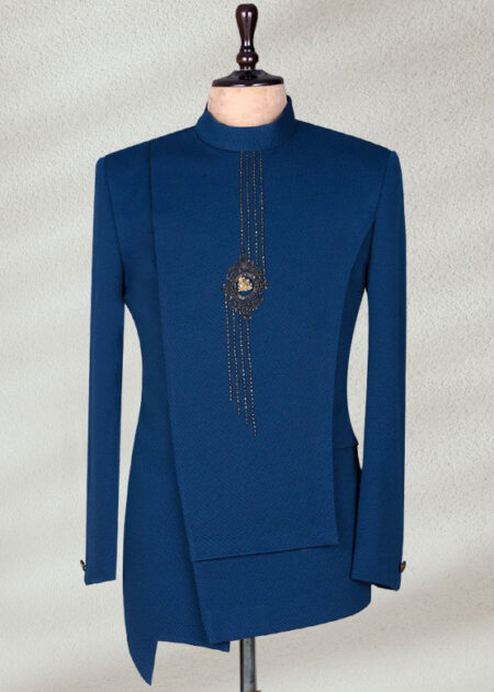 Royal Blue Angle Cut Prince Coat Black Texture Sherwani