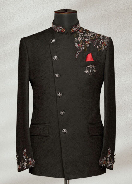 Black Embroidered Side Cut Prince Coat Black Angle Cut Prince Coat