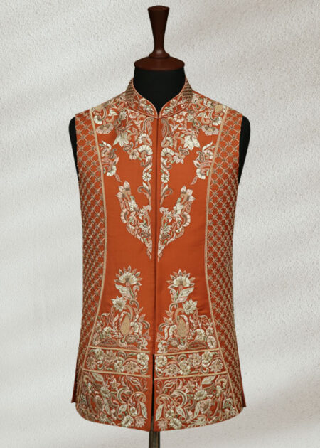 Orange Waistcoat with Embroidery Ivory Gold side Cut Sherwani