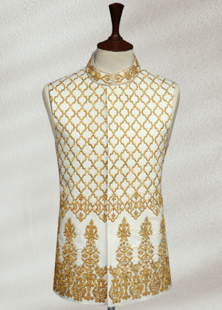 Off white Embroidered Waistcoat Ivory Gold side Cut Sherwani