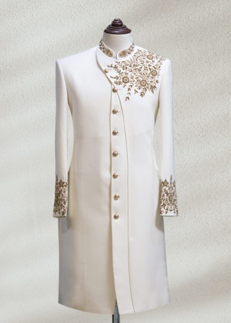 Off White Sherwani with Golden Embroidery Off White Sherwani with Golden Embroidery