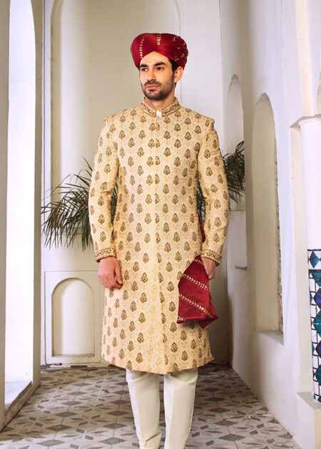 Paisley Embroidered Sherwani With Red Turban Paisley Embroidered Sherwani