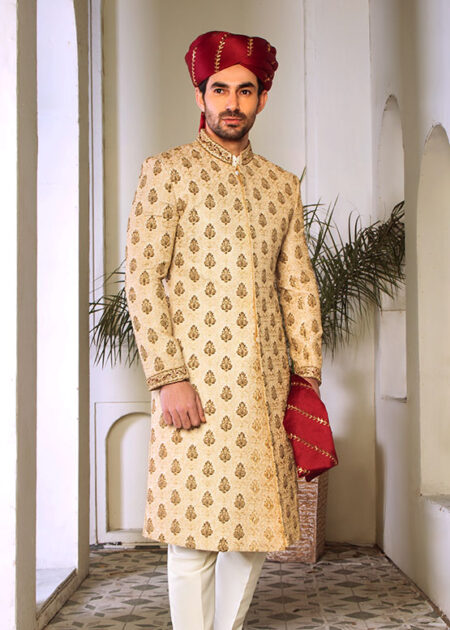 Paisley Embroidered Sherwani With Red Turban Paisley Embroidered Sherwani