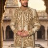 Cream Prince Suit with Golden Embroidery Off White Traditional Embroidered Prince Suit