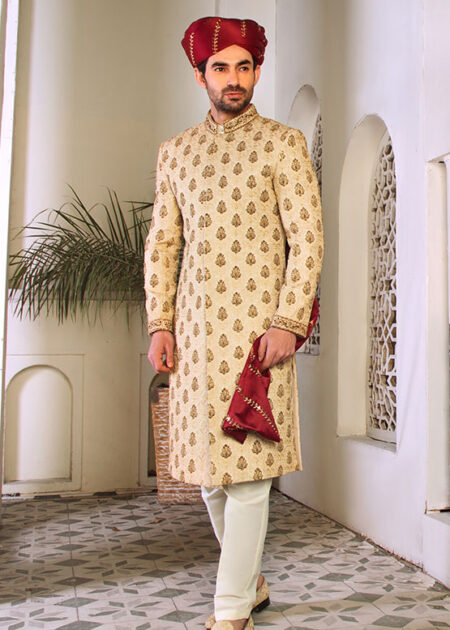 Paisley Embroidered Sherwani With Red Turban Paisley Embroidered Sherwani