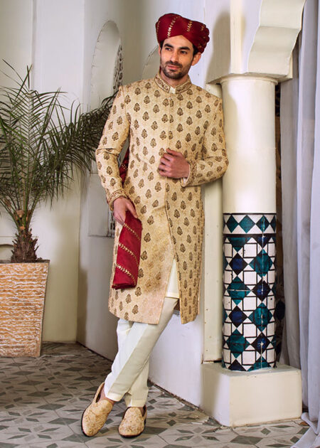 Paisley Embroidered Sherwani With Red Turban Paisley Embroidered Sherwani