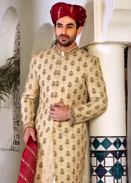 Paisley Embroidered Sherwani With Red Turban Paisley Embroidered Sherwani