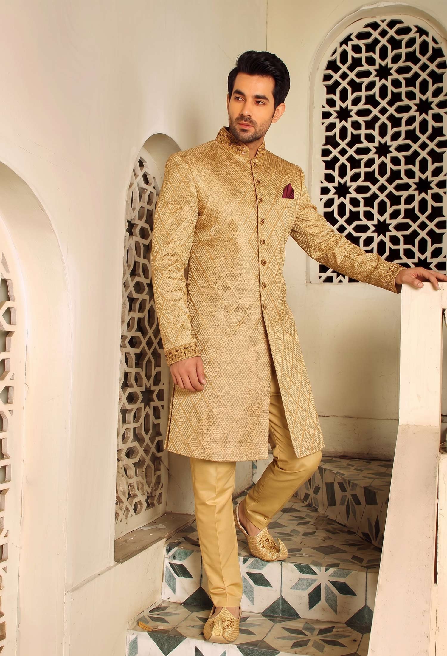 Golden Self Texture Sherwani For Groom 2 Golden Self Texture Sherwani for Groom Golden Self Texture Sherwani
