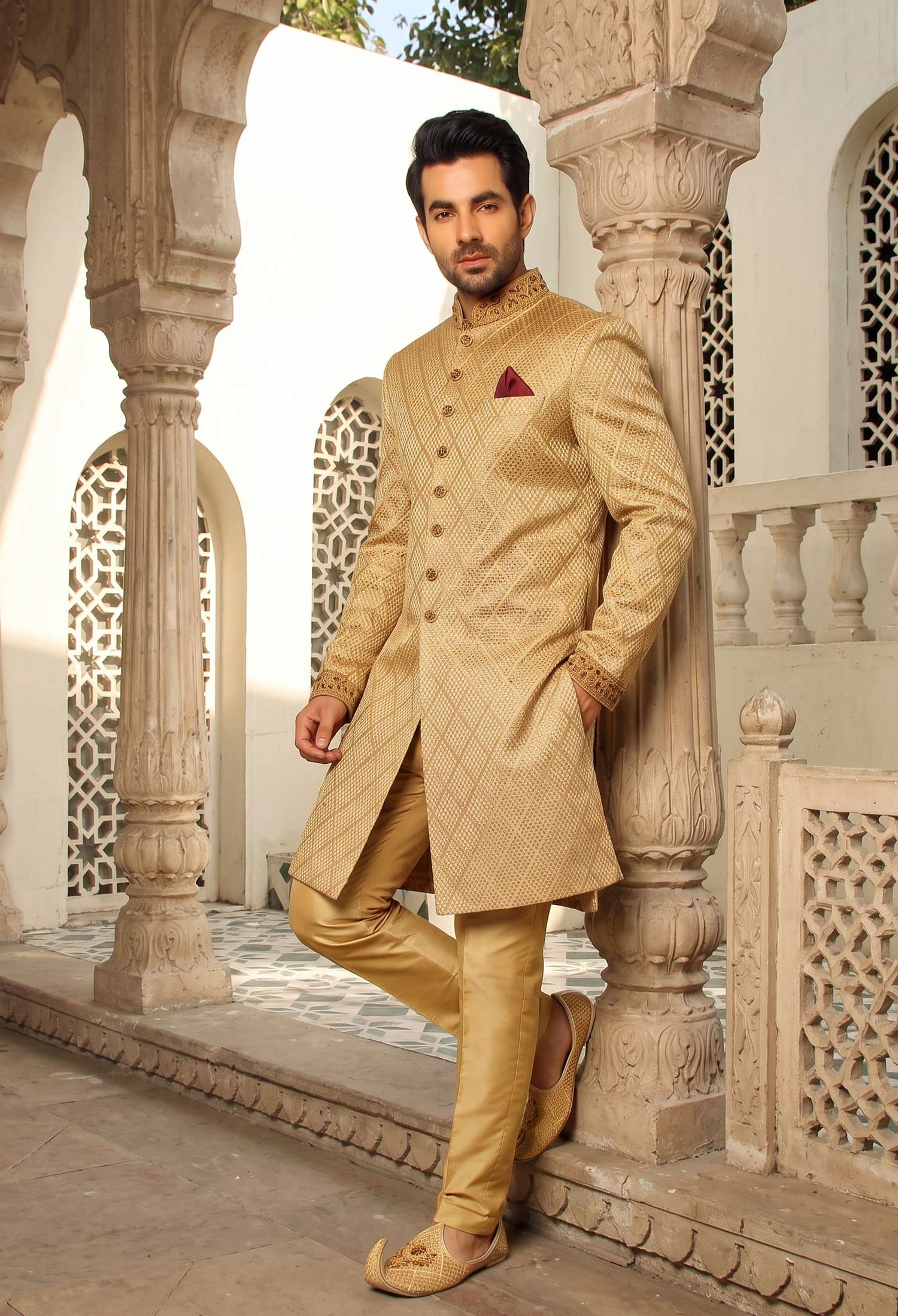 Golden Self Texture Sherwani For Groom 3 Golden Self Texture Sherwani for Groom Golden Self Texture Sherwani
