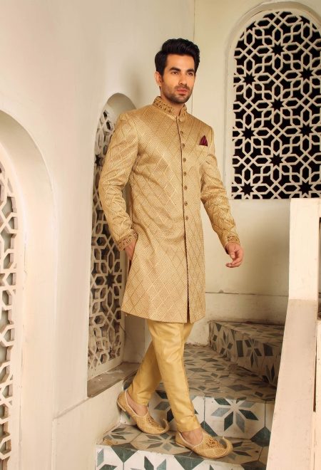 Golden Self Texture Sherwani For Groom Golden Self Texture Sherwani Golden Self Texture Sherwani for Groom Golden Self Texture Sherwani
