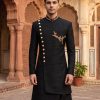 Stylish Angle Cut Jet Black Sherwani Black Sherwani with Golden Embroidery